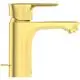 Waschbeckenarmatur in Brushed Gold von Ideal Standard, mit schlichter Form und seitlicher Betätigung für Wasserfluss.